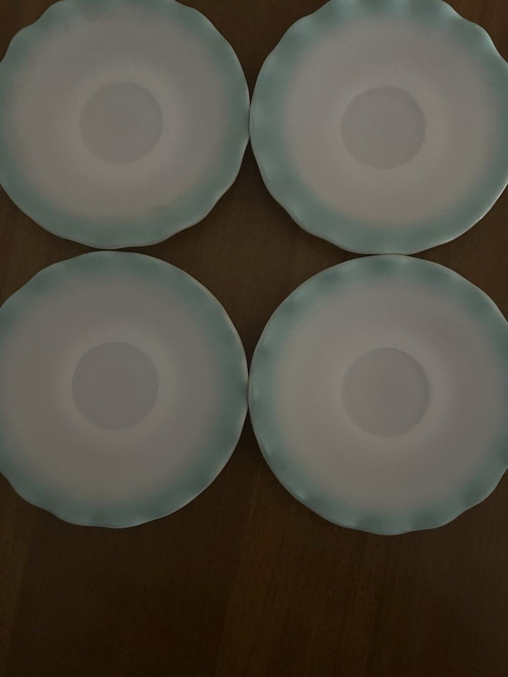 Vintage MCM Hazel-Atlas Blue Aqua Ripple Crinoline 4 Desert Saucer Plates 5.5”